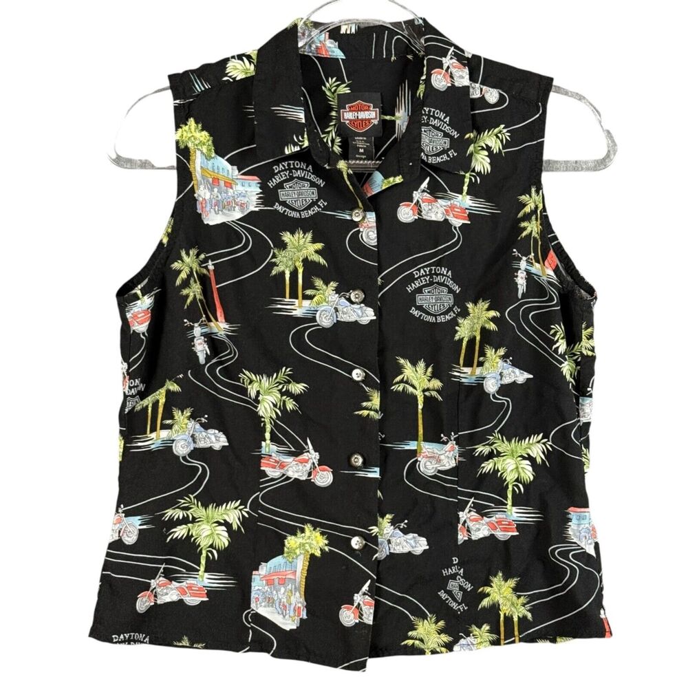 Harley Davidson Tori Richard Womens M Hawaiian Shirt Sleeveless Daytona Beach FL